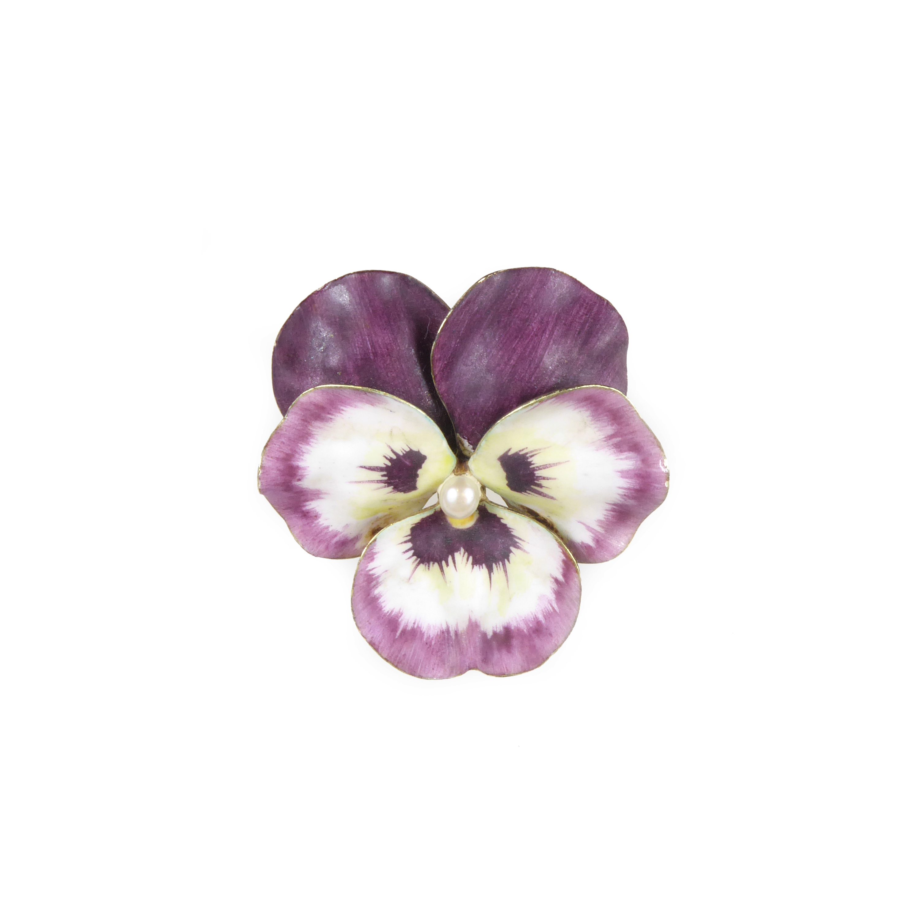 Antique mauve and white enamel, pearl and 14ct gold pansy brooch by Hedges